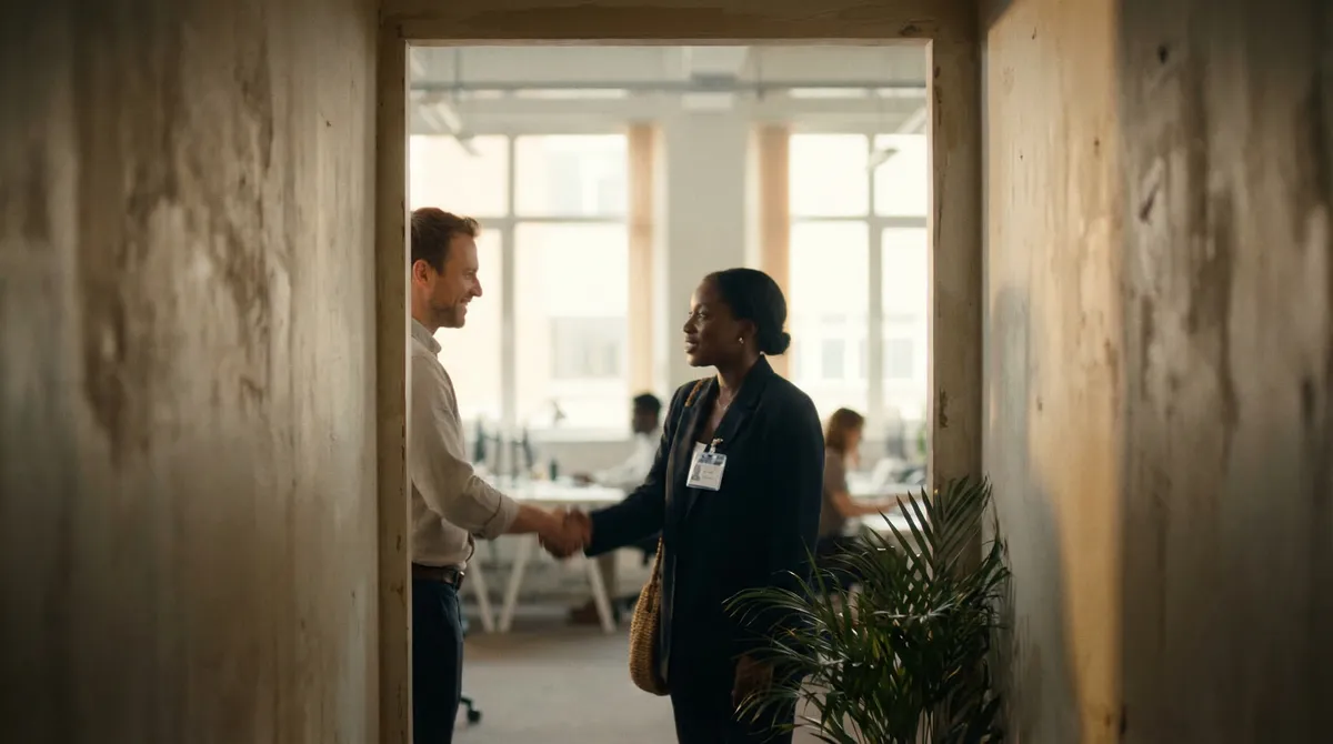 A new employee shaking hands with a smiling colleague in a sunlit open-plan office, warm film grain and slightly overexposed highlights giving the scene a candid, analog feel, welcoming and unhurried.