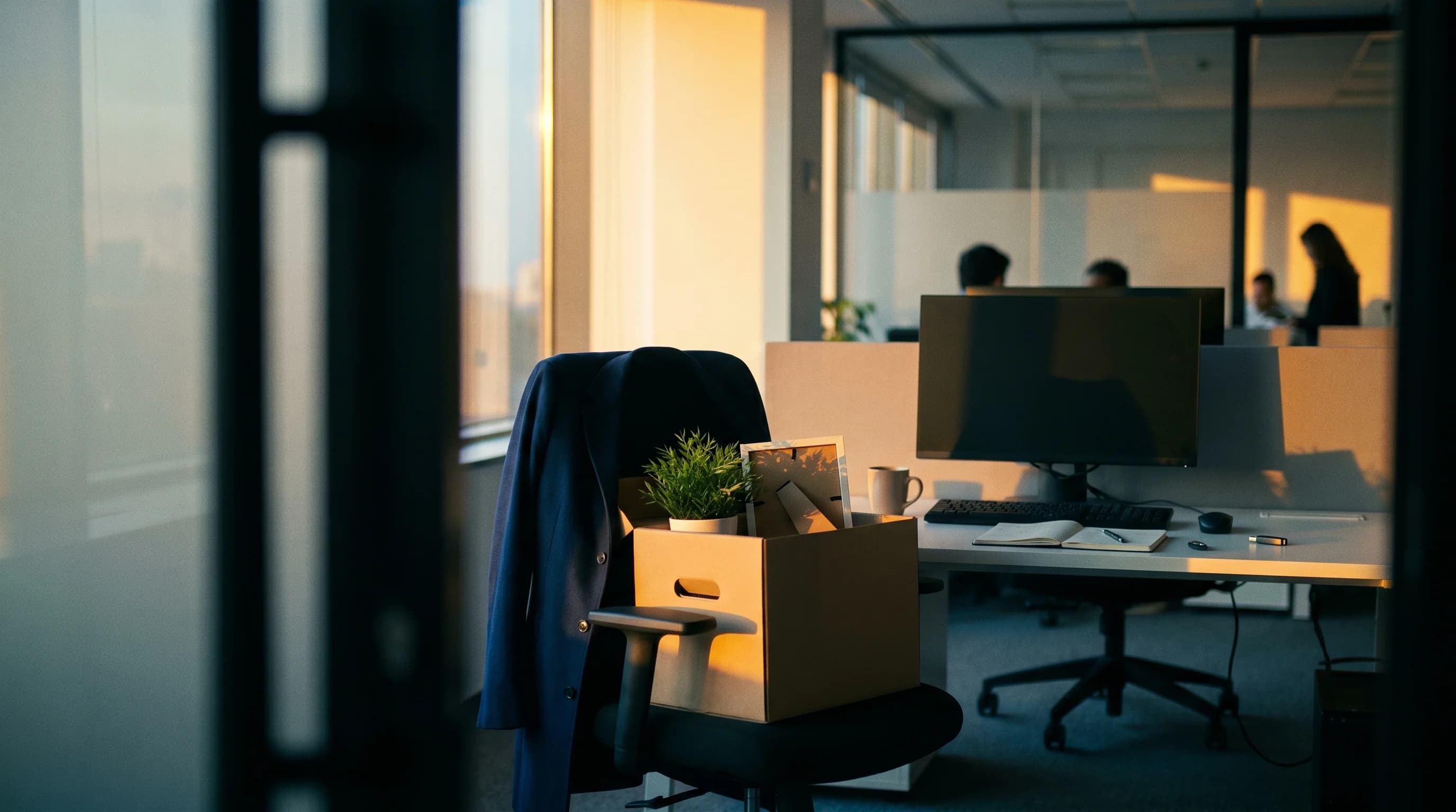 An empty workstation in a modern enterprise office at the end of the day, viewed through an open doorway. A cardboard box on the chair contains a small plant, a framed photo turned face-down, and a mug. A navy coat is draped over the back of the chair. Warm late-afternoon sunlight angles across the desk through a floor-to-ceiling window, with soft-focus silhouettes of colleagues working on in the background. Shot on film with visible grain, candid and observational.