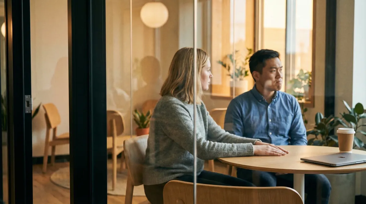 A manager and employee seated across from each other at a small table in a bright, open-plan office, mid-conversation, natural window light, slightly overexposed film photography style, candid and unposed
