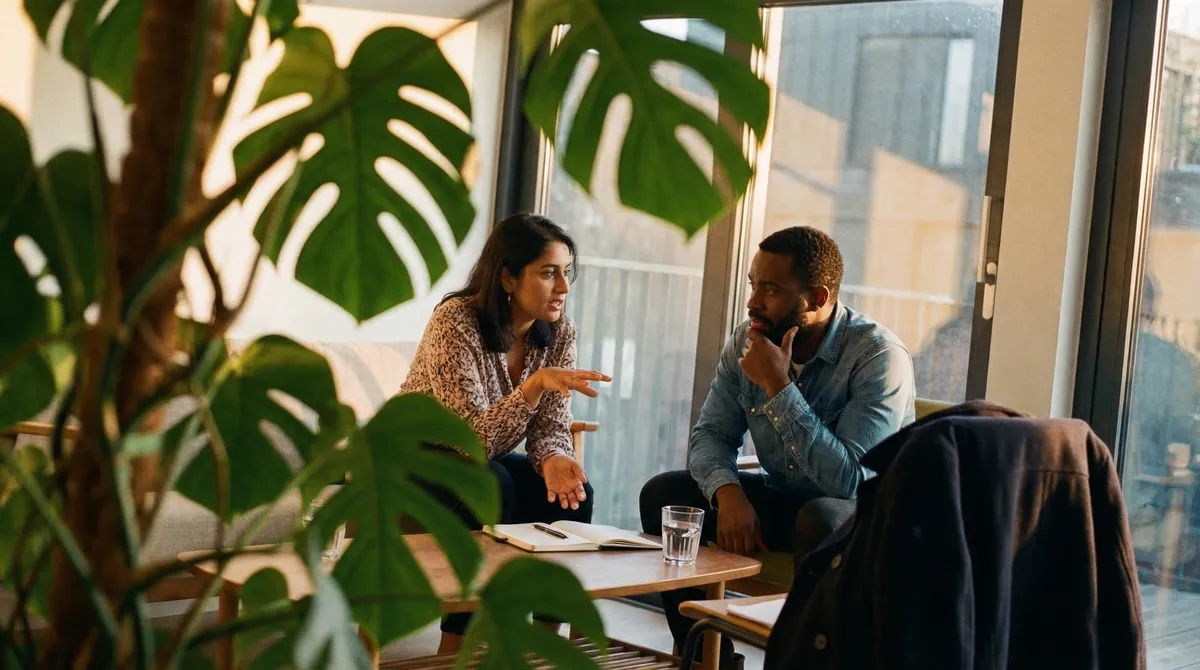 Two colleagues in a quiet, naturally lit modern office, one listening attentively as the other speaks — shot on film with warm grain and soft shadows