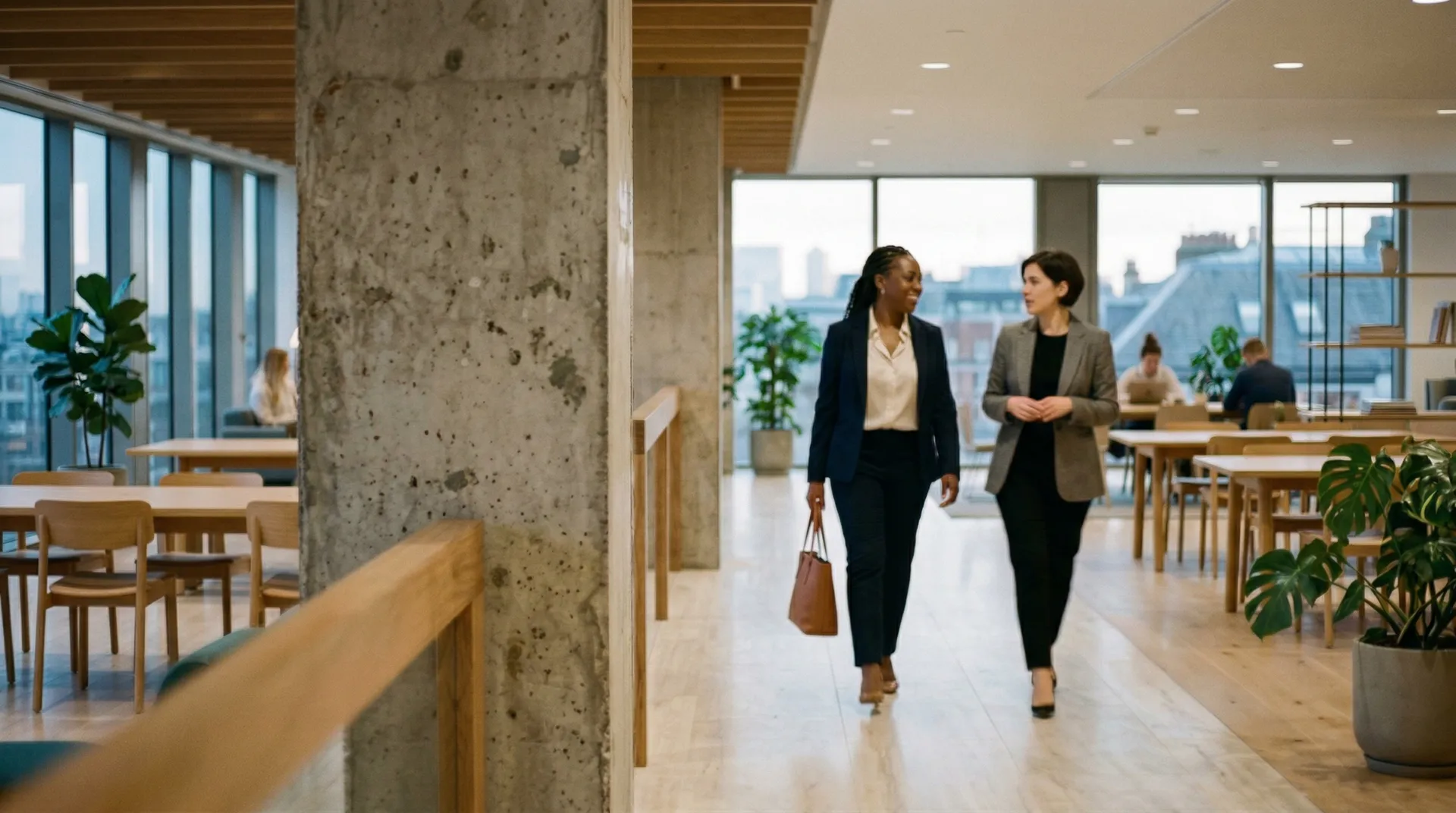 Colleagues walking together through a modern office