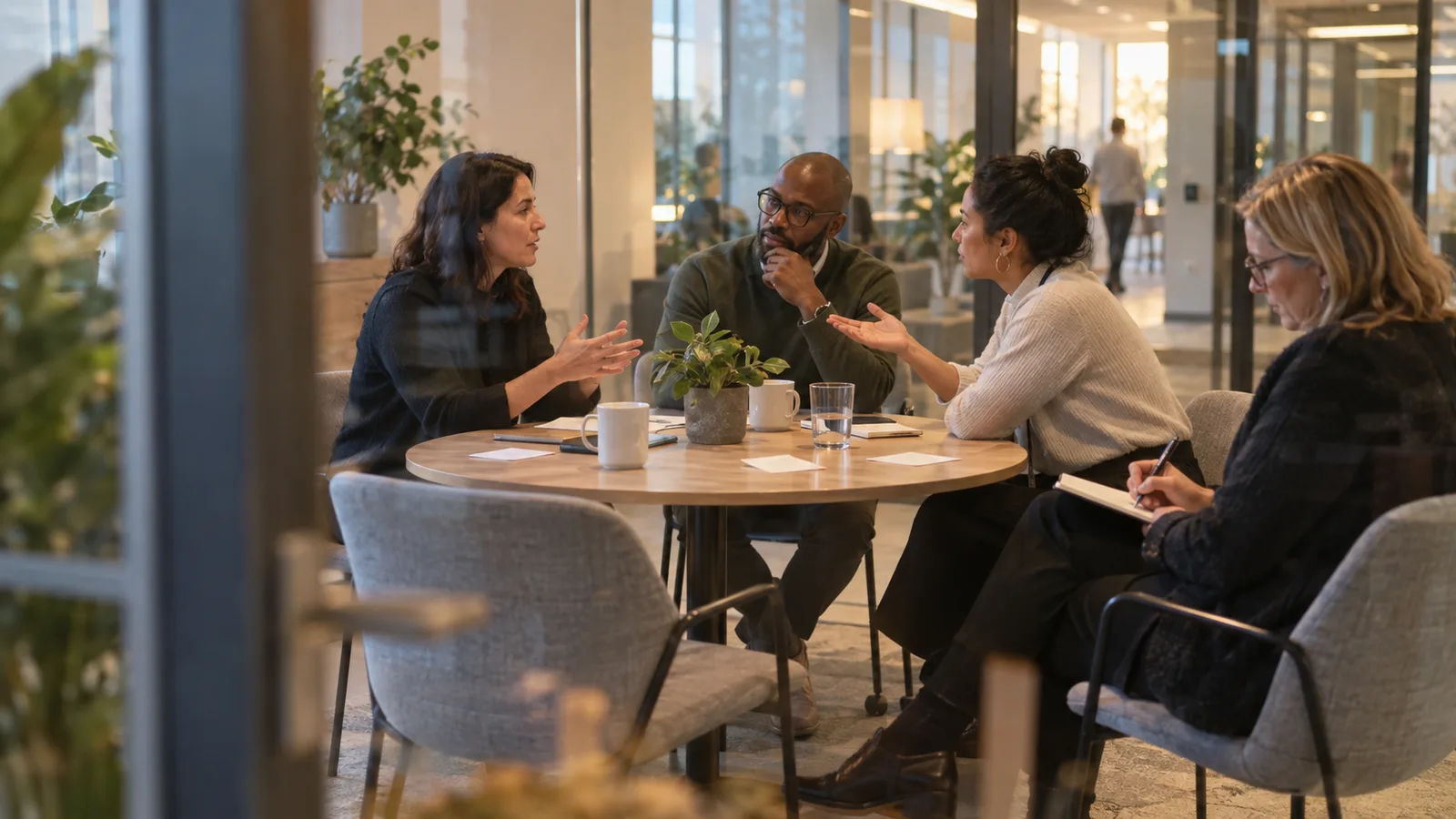 A people leader rehearses a change announcement with three colleagues in a warm, glass-walled meeting room.