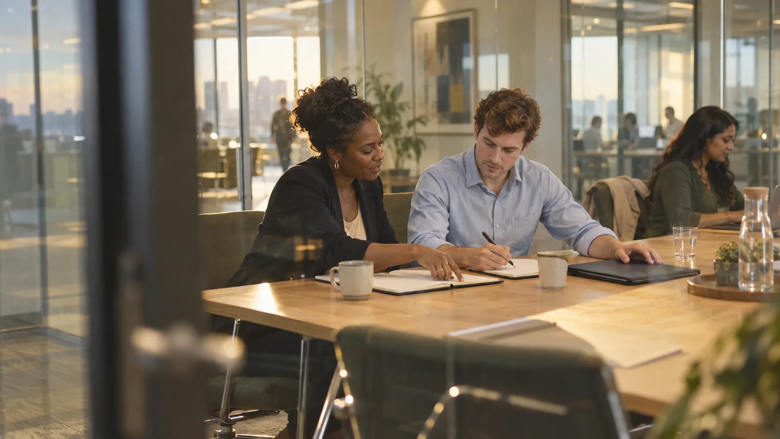 A consulting manager briefs an analyst at a light-wood table in a warm glass-walled office while a colleague works nearby.