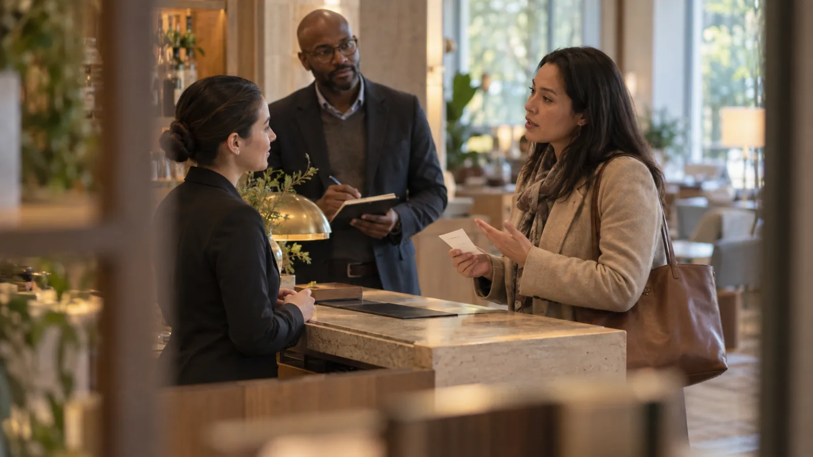 A frontline associate listens to a colleague role-playing a concerned guest while a service leader observes at a warm hotel desk.