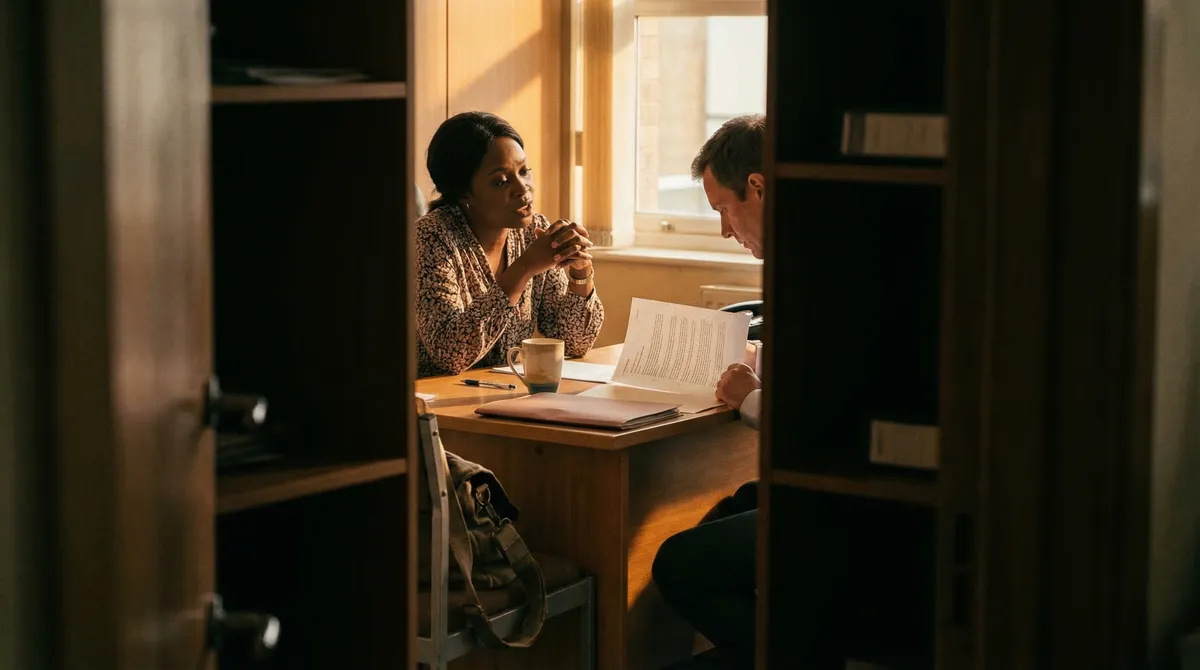 Two colleagues seated across a small wooden table in a quiet modern office, one leaning forward mid-sentence with a notebook open, warm afternoon light through tall windows, candid film grain, slightly overexposed, lomography style, unhurried.