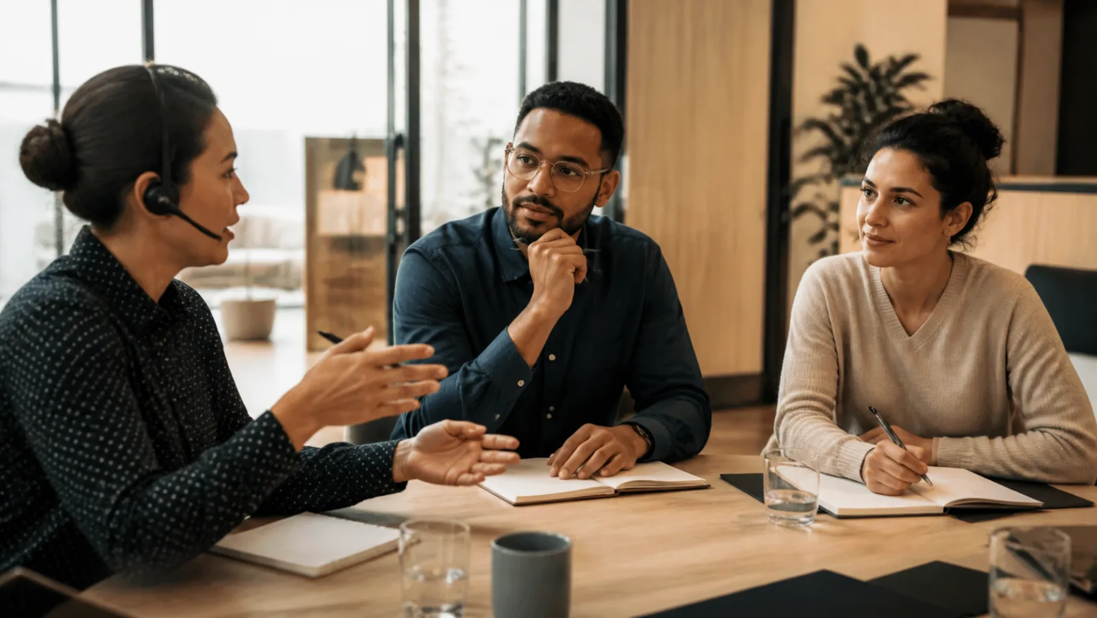 Three customer service training colleagues rehearse a retention conversation together around a wooden table in a warm office.
