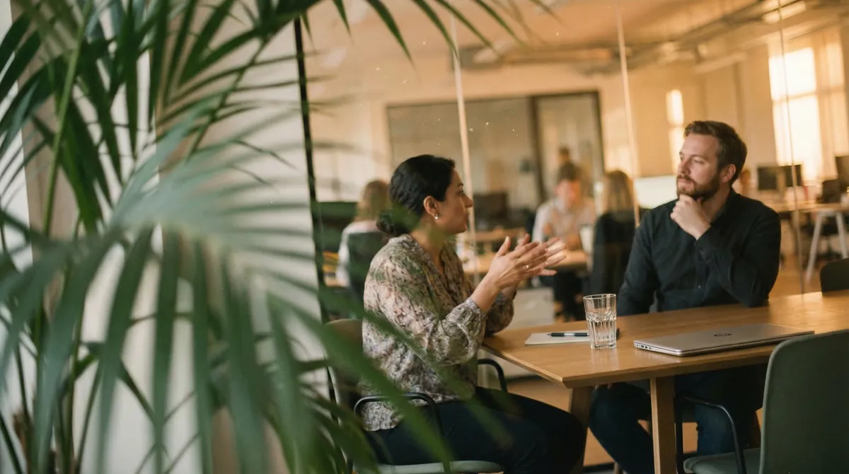 A sales professional sits across a small table from a colleague in a warm, naturally lit office, mid-conversation, listening carefully. Film grain, analog feel, candid composition, late afternoon light.
