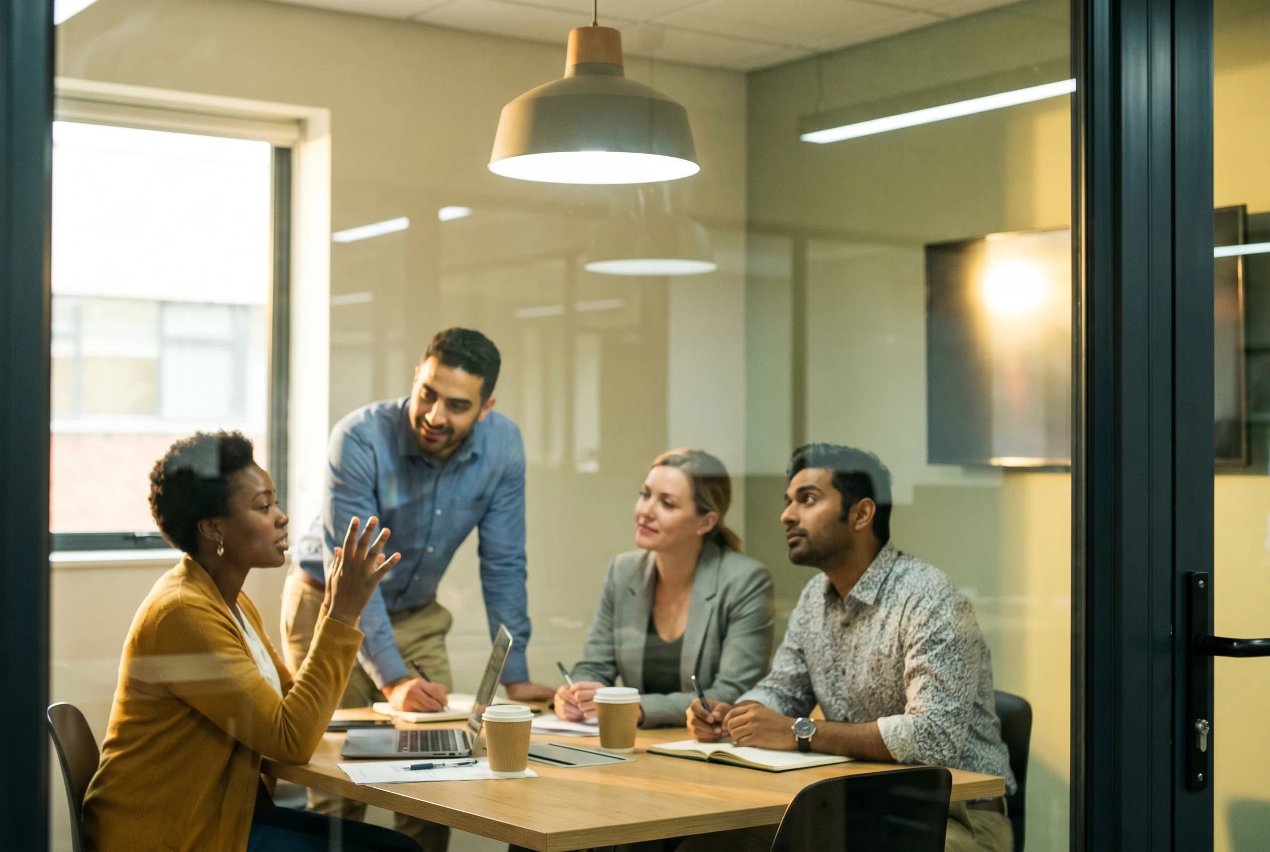 Four colleagues in a modern glass-walled meeting room around an oval wooden table. A Black woman speaks with a raised open-palmed hand mid-gesture, a Middle Eastern man leans forward listening intently, a white woman nods thoughtfully, and a South Asian man glances up from a notebook. Warm late-morning light through a far window. Shot on film with visible grain, candid and observational through the glass partition.